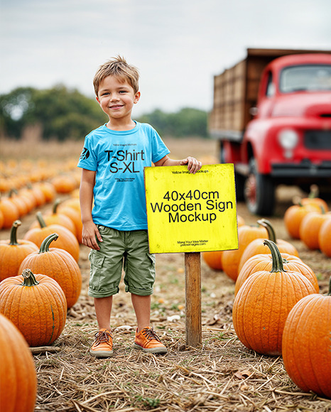 Kid Leaned Hand on Sign at Pumpkin Patch Mockup