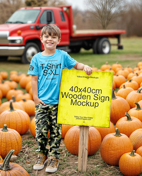 A Boy Leaned Hand on a Sign at a Pumpkin Patch Mockup