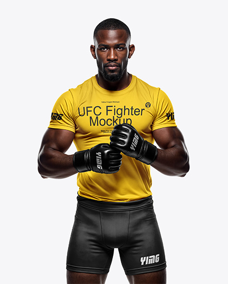 Black Male UFC Fighter Wearing Tight-Fit Jersey and Shorts Mockup