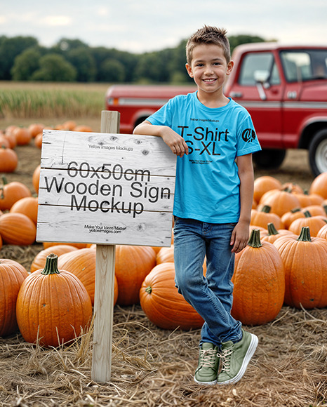 Kid Standing Next to Sign at Pumpkin Patch Mockup