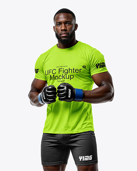 Black Male UFC Fighter Wearing Jersey and Shorts Mockup