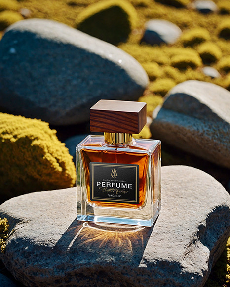 Glass Perfume Bottle on Rock Mockup