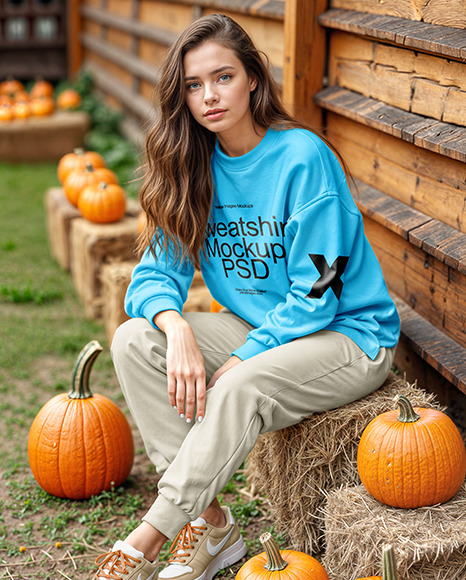 Young Woman in Sweatshirt Sitting on Hay Block Next to Wooden Wall Mockup