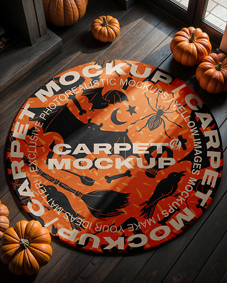 Round Rug on Wooden Floor with Pumpkins Around It Mockup