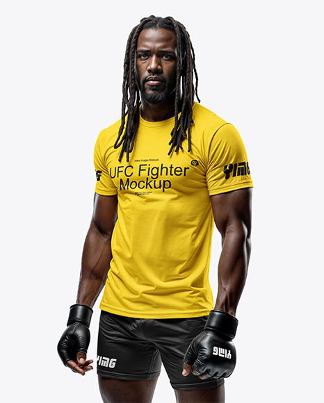 Black Male UFC Fighter with Dreadlocks Wearing T-Shirt and Shorts Mockup