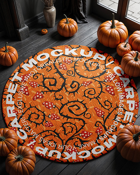 Round Rug on Wooden Floor Surrounded by Pumpkins Mockup
