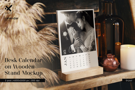 Desk Calendar on a Wooden Stand Mockup