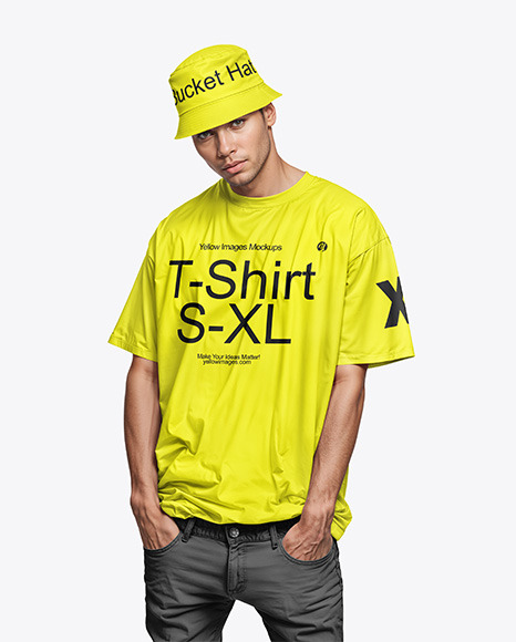 A Man Wearing an Oversize T-Shirt and a Bucket Hat Mockup