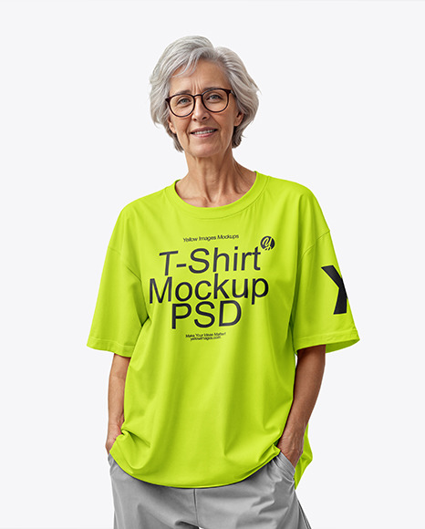 Elderly Woman Wearing Oversized Half Sleeve T-Shirt Mockup
