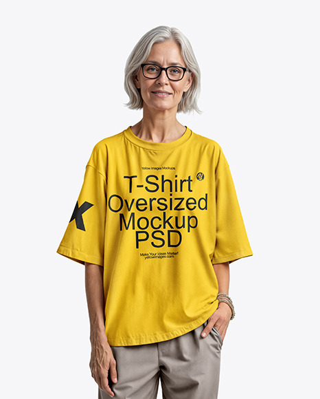 Elderly Woman in Glasses Wearing an Oversized Half Sleeve T-Shirt Mockup