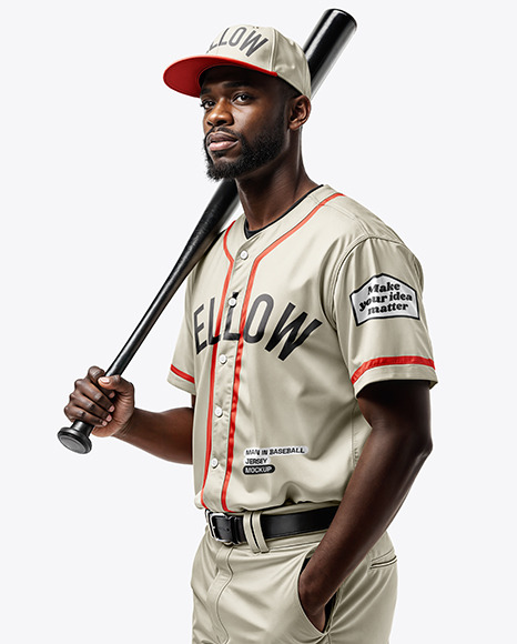 Baseball Player Wearing a Jersey and Cap with a Bat Mockup