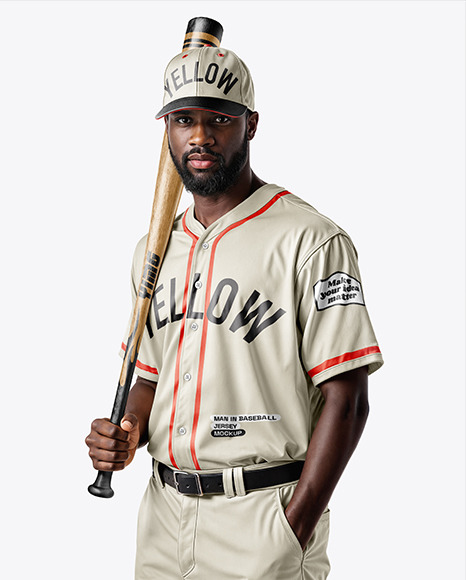 Afro-American Baseball Player Wearing a Jersey and Cap Holding a Bat Mockup