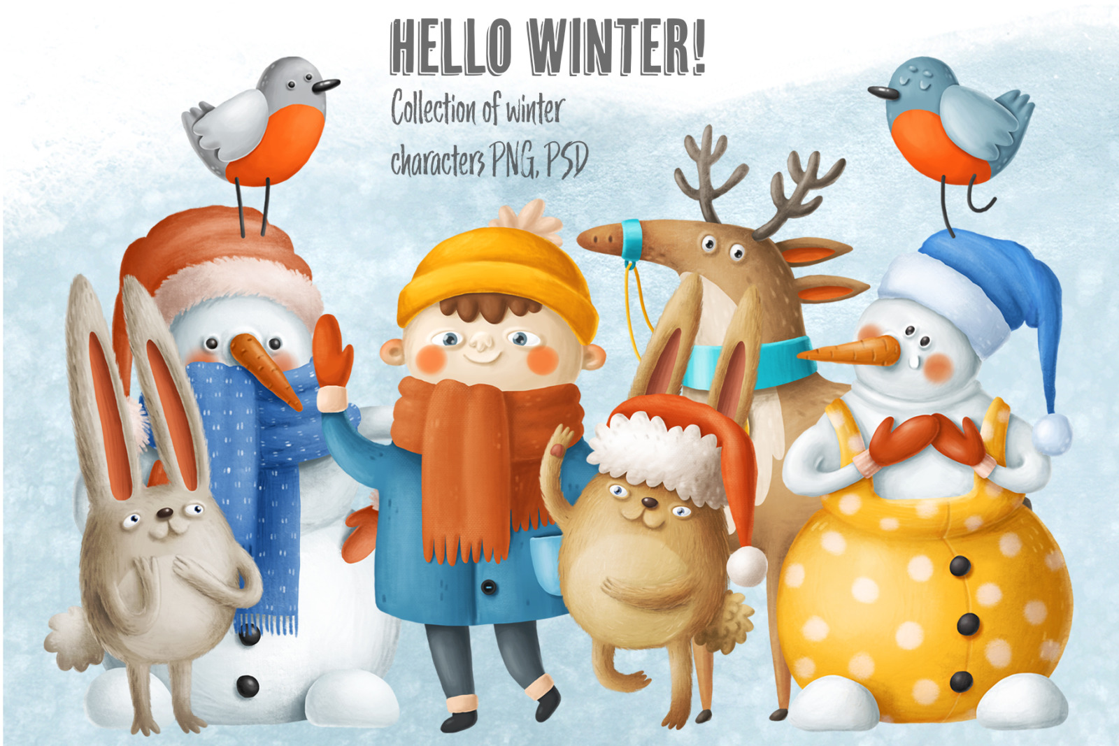 collection-of-winter-characters-on-yellow-images-creative-store