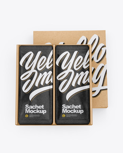 Download Kraft Box With Sachets Mockup In Box Mockups On Yellow Images Object Mockups PSD Mockup Templates