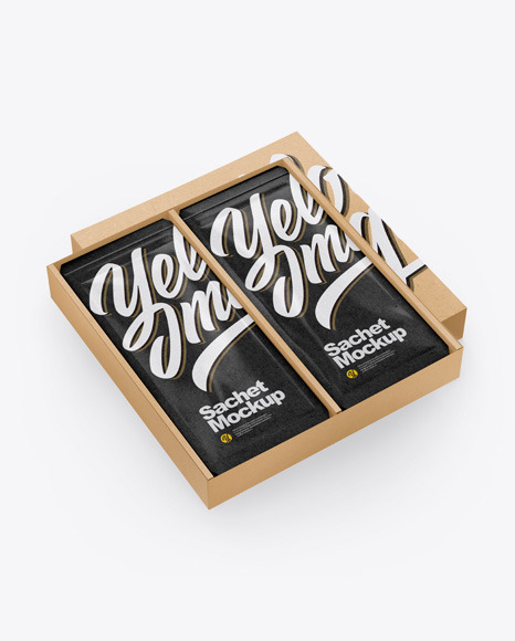 Download Kraft Box With Sachets Mockup In Box Mockups On Yellow Images Object Mockups PSD Mockup Templates