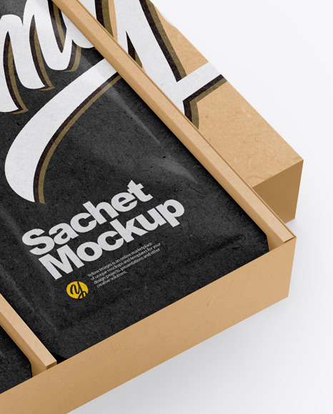 Download Kraft Box With Sachets Mockup In Box Mockups On Yellow Images Object Mockups PSD Mockup Templates