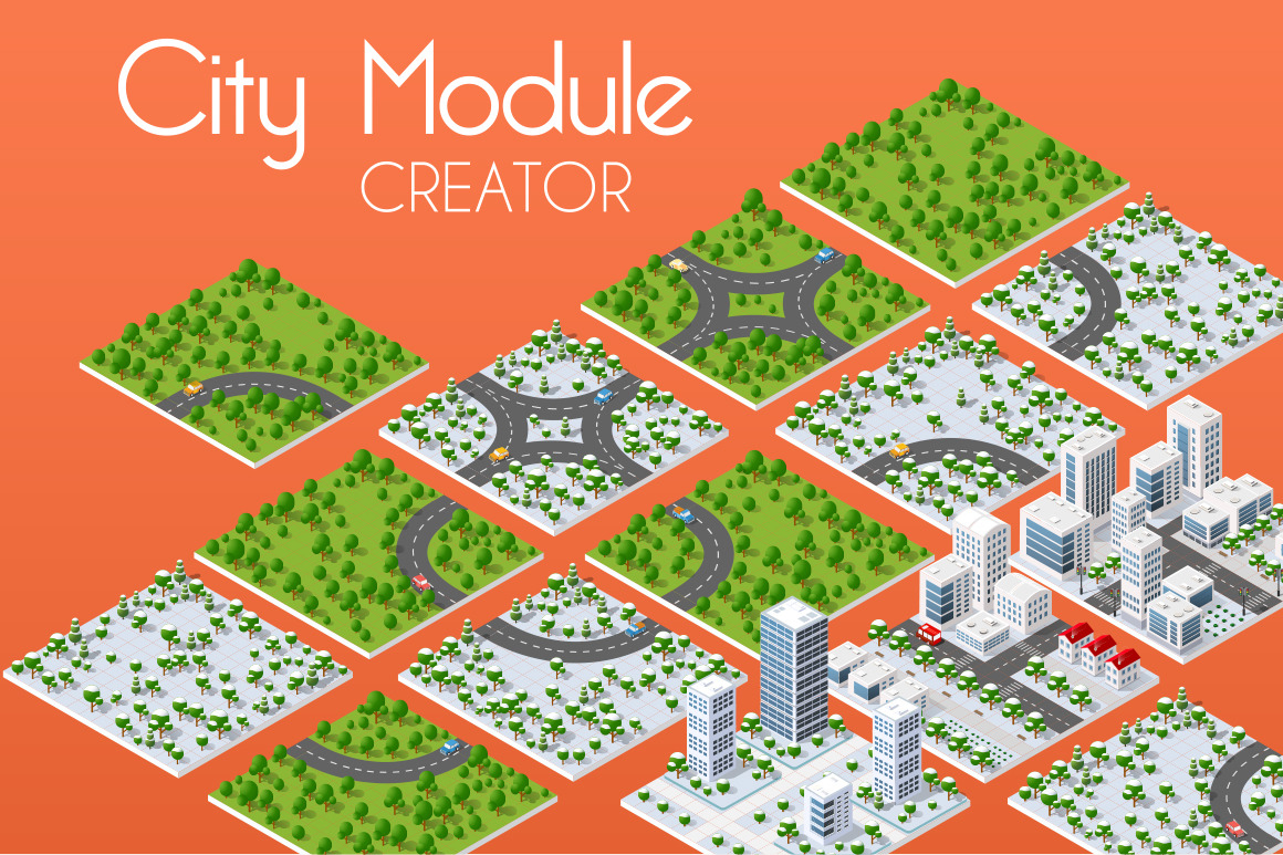 Модуль город. Бандл Сити здания. Isometric City and Forest. Urban infrastructure pattern.