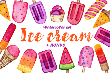 Ice cream. Watercolor set + Bonus