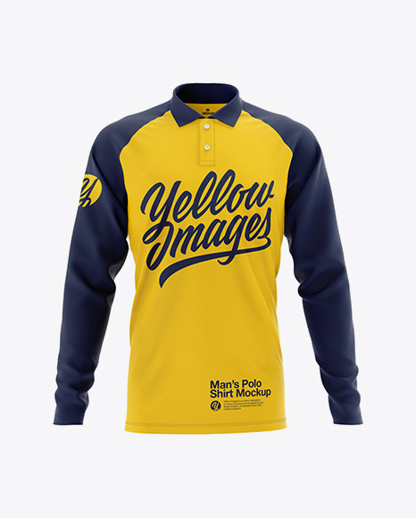 Download Men's Raglan Long Sleeve Polo Shirt Mockup - Front View in Apparel Mockups on Yellow Images ...