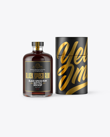 Download Black Rum Bottle W Paper Tube Mockup In Bottle Mockups On Yellow Images Object Mockups PSD Mockup Templates