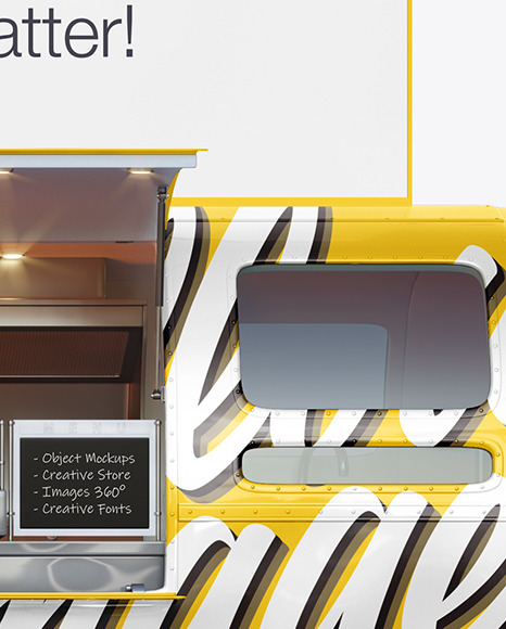 Download Opened Food Trailer W Signboard Mockup Side View In Vehicle Mockups On Yellow Images Object Mockups PSD Mockup Templates