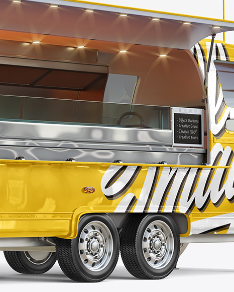 Download Opened Food Trailer W Signboard Mockup Half Side View In Vehicle Mockups On Yellow Images Object Mockups PSD Mockup Templates