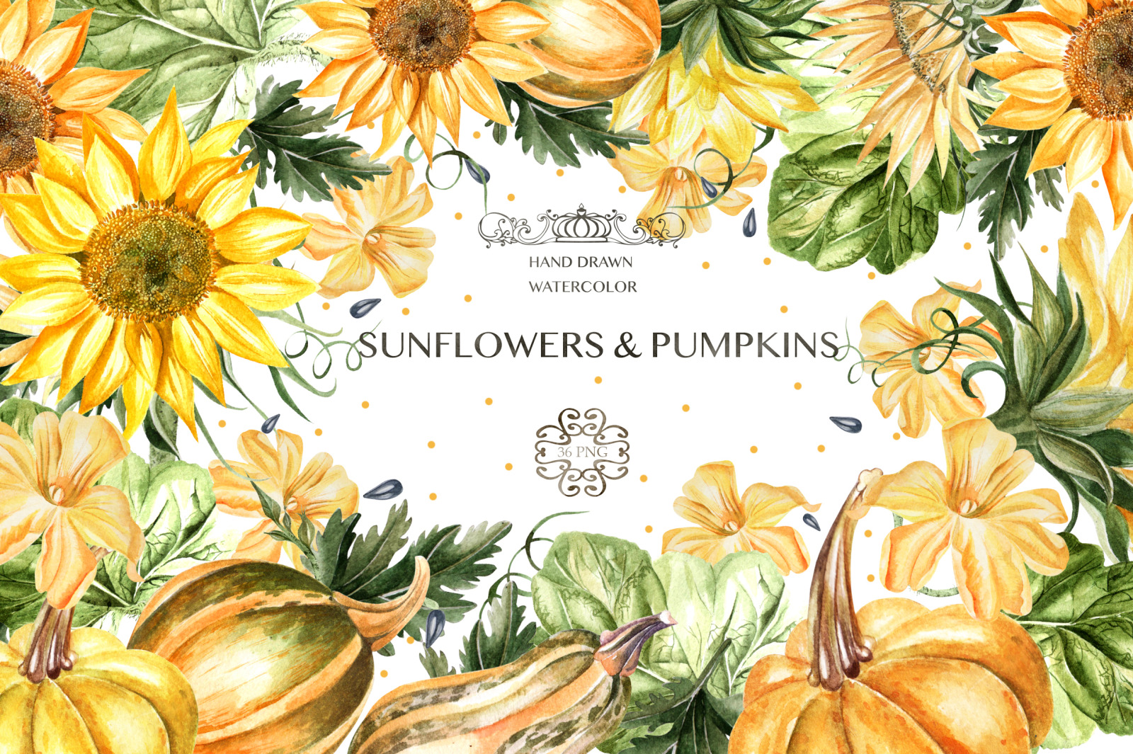 Watercolor Sunflower & Pumpkins on Yellow Images Creative Store