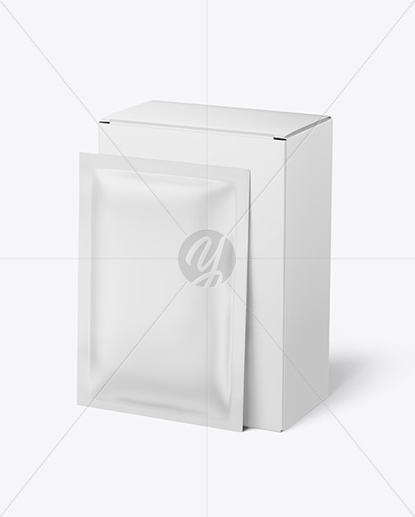 Download Metallic Sachet With Box Psd Mockup Front View Yellowimages