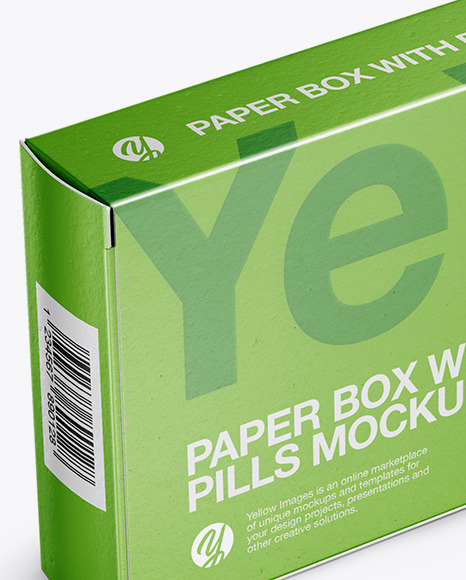 Paper Glossy Pills Box Mockup - Halfside View (High Angle Shot)