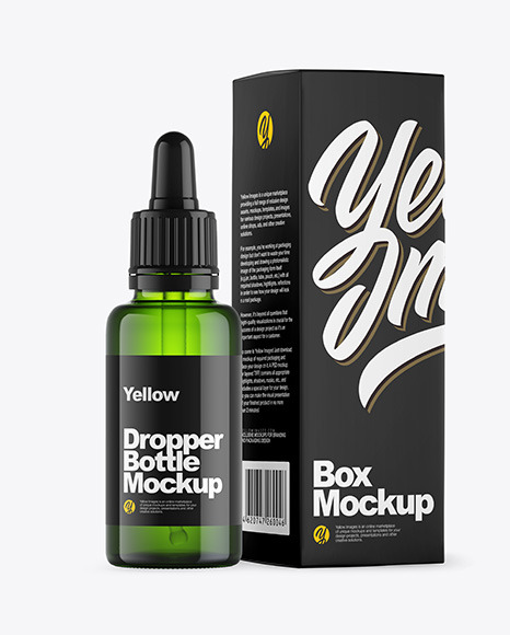 Download Green Glass Bottle W Box Mockup In Bottle Mockups On Yellow Images Object Mockups