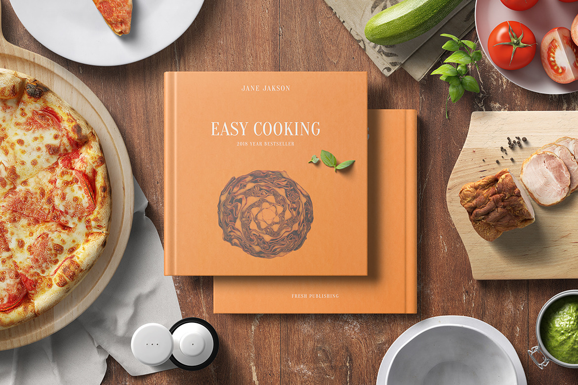 Download Square Cook Book Mockup Kitchen Set In Stationery Mockups On Yellow Images Creative Store PSD Mockup Templates