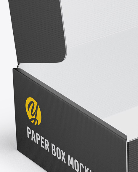 Paper Opened Box Mockup Half Side View High Angle Shot In Box Mockups On Yellow Images Object Mockups