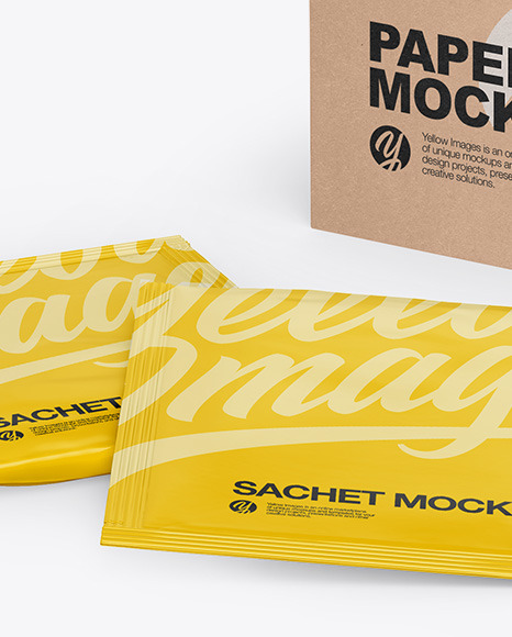 Download Textured Paper Box With Glossy Sachet Psd Mockup Yellowimages