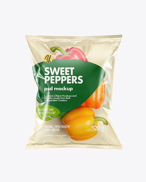 Plastic Bag With Colored Sweet Peppers Mockup In Bag Sack Mockups On Yellow Images Object Mockups