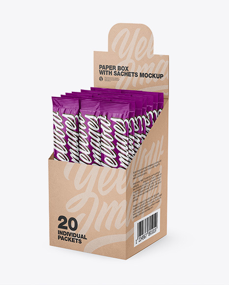 Download Opened Box W 20 Glossy Sachets In Sachet Mockups On Yellow Images Object Mockups Yellowimages Mockups