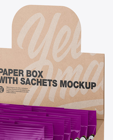 Opened Box W 20 Glossy Sachets In Sachet Mockups On Yellow Images Object Mockups