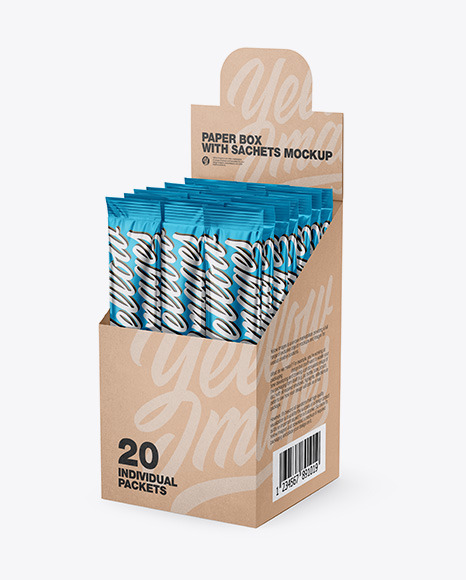 Opened Box W 20 Metallic Sachets In Box Mockups On Yellow Images Object Mockups