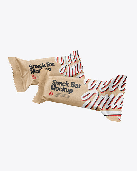 Two Kraft Paper Snack Bars Mockup In Flow Pack Mockups On Yellow Images Object Mockups