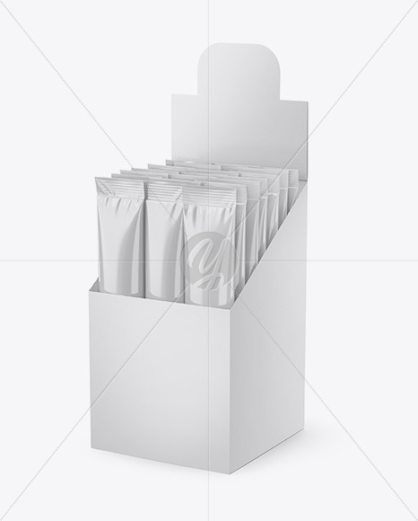 Download Opened Textured Box W 20 Glossy Sachets In Sachet Mockups On Yellow Images Object Mockups