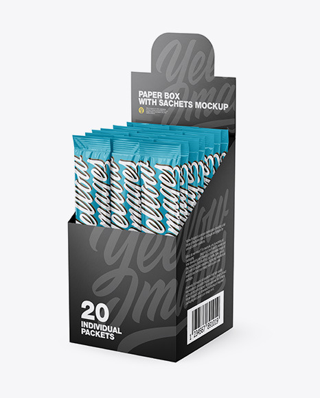 Download Opened Textured Box W 20 Glossy Sachets In Sachet Mockups On Yellow Images Object Mockups PSD Mockup Templates