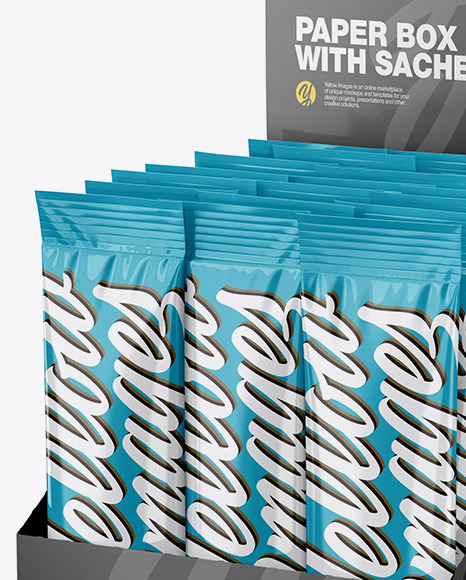 Opened Textured Box W 20 Glossy Sachets In Sachet Mockups On Yellow Images Object Mockups