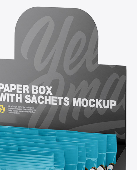 Download Opened Textured Box W 20 Glossy Sachets In Sachet Mockups On Yellow Images Object Mockups PSD Mockup Templates