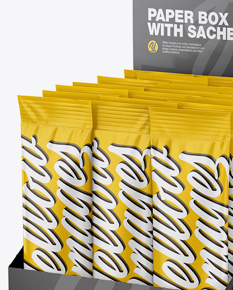 Download Opened Textured Box W 20 Matte Sachets In Box Mockups On Yellow Images Object Mockups PSD Mockup Templates