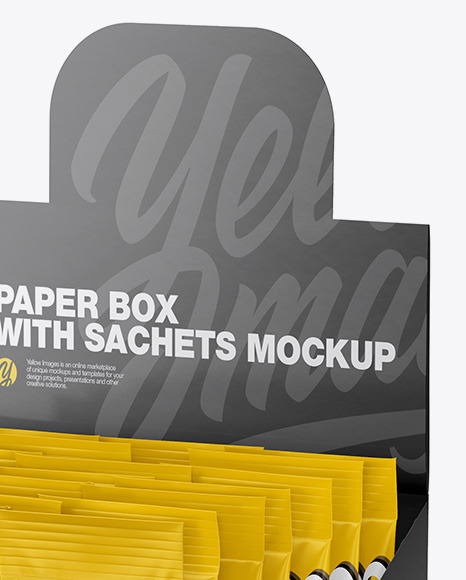 Download Opened Textured Box W 20 Matte Sachets In Box Mockups On Yellow Images Object Mockups PSD Mockup Templates