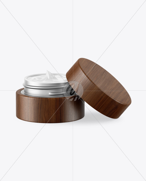 Opened Matte Metallic Cosmetic Jar in Wooden Shell Mockup in Jar Mockups on Yellow Images Object ...