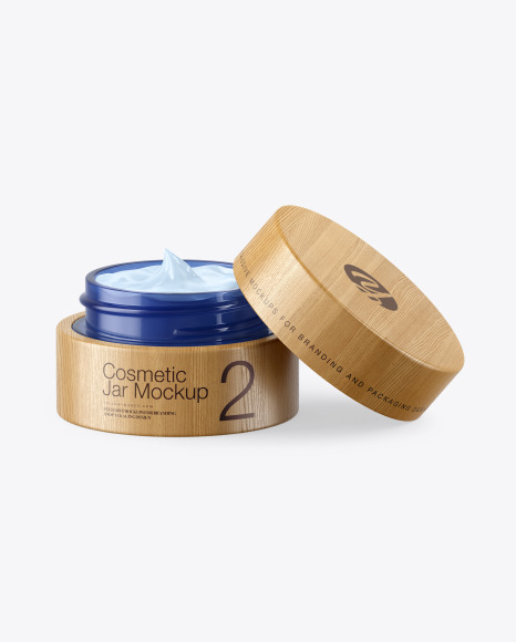 Opened Blue Glass Cosmetic Jar in Wooden Shell Mockup PSD #2