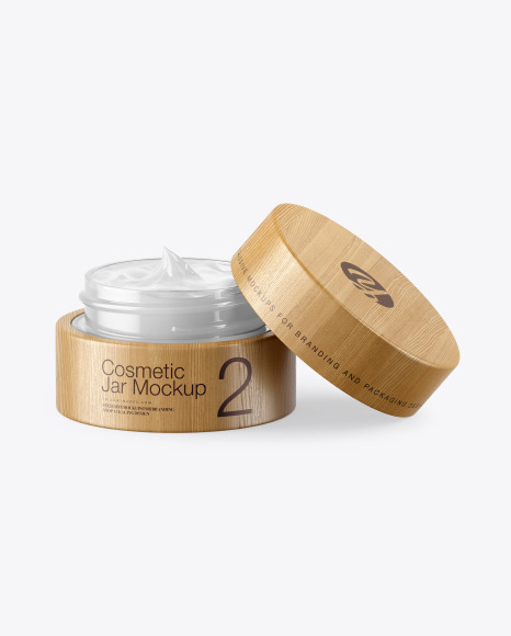 Opened Clear Glass Cosmetic Jar in Wooden Shell Mockup