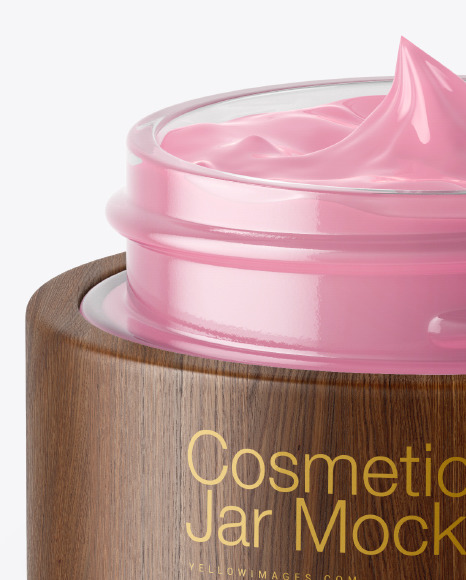 Opened Clear Glass Cosmetic Jar in Wooden Shell Mockup