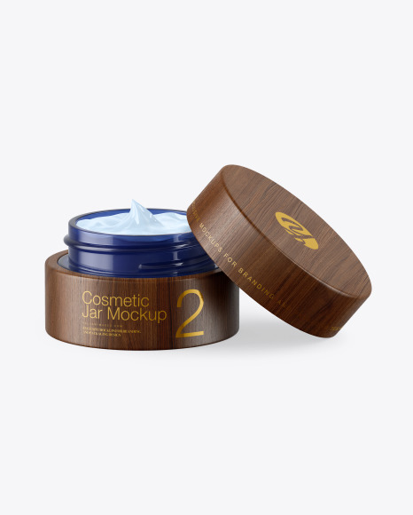 Opened Dark Blue Glass Cosmetic Jar in Wooden Shell Mockup PSD #2