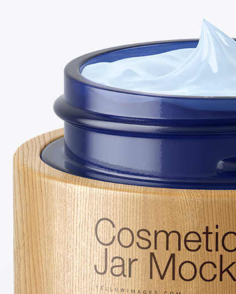 Opened Dark Blue Glass Cosmetic Jar in Wooden Shell Mockup PSD #6